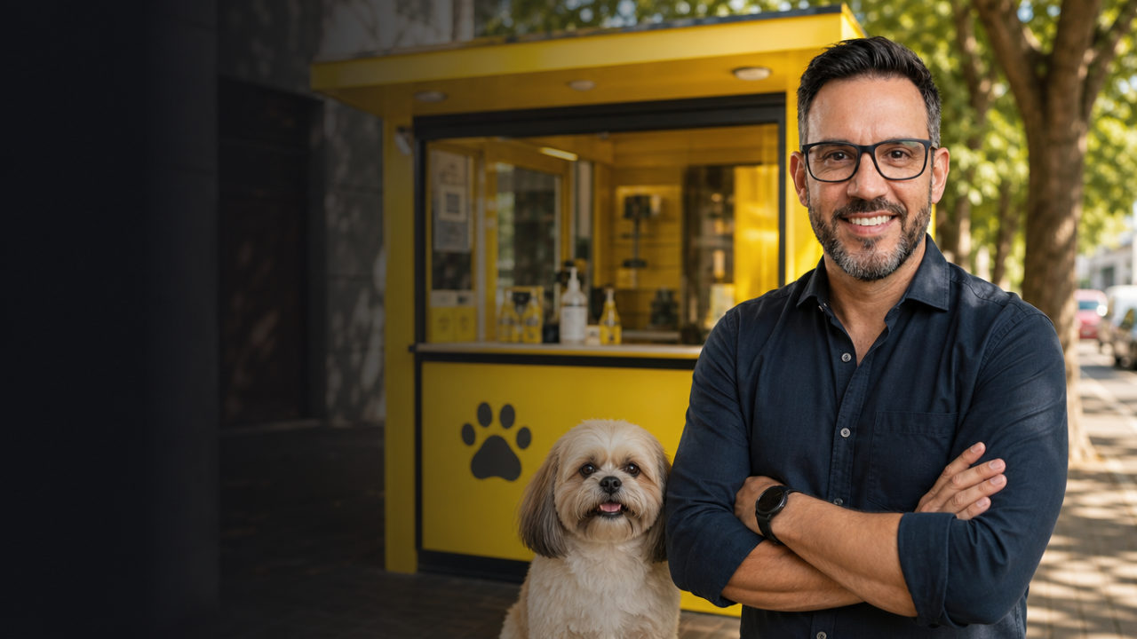 Franqueado sorridente ao lado de um cão, em frente a uma unidade PertoPet na calçada